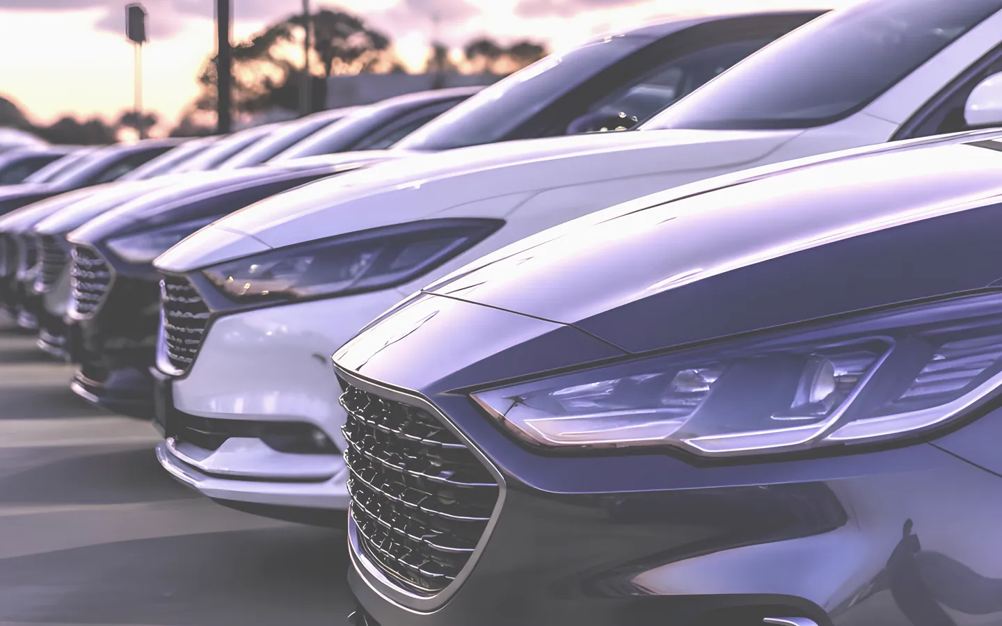 Row of new cars on a dealership forecourt
