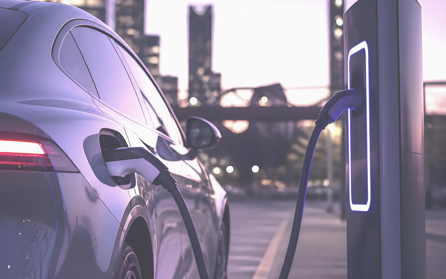 Electric car charging in the city at dusk