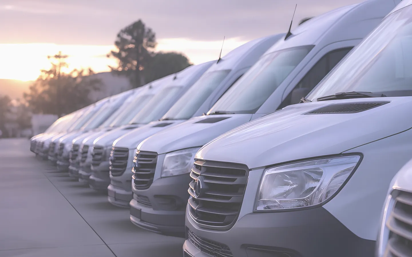 Fleet of white delivery vans at a depot