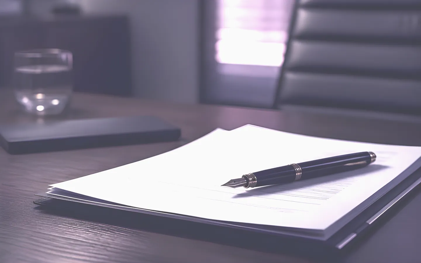 Contract documents and a fountain pen on a desk