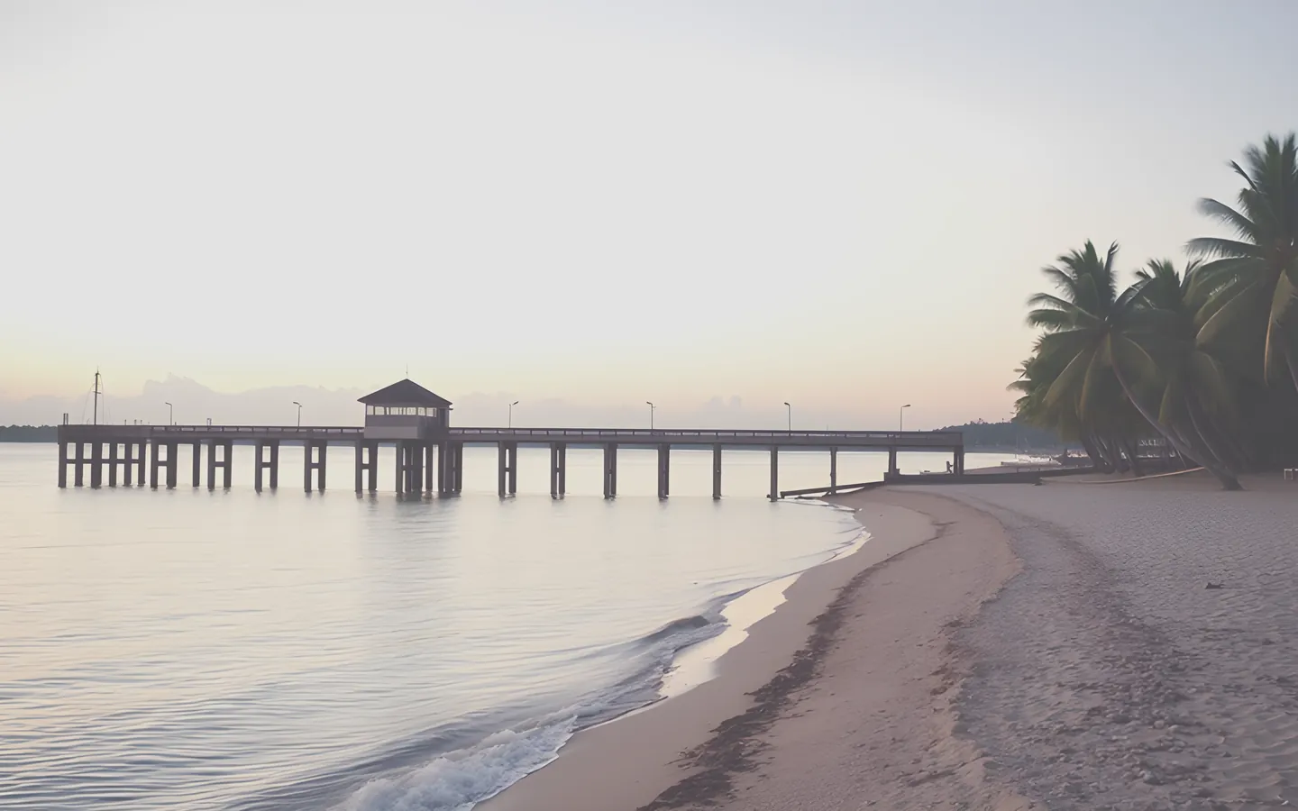 Hervey Bay calm shoreline with pier and pandanus trees