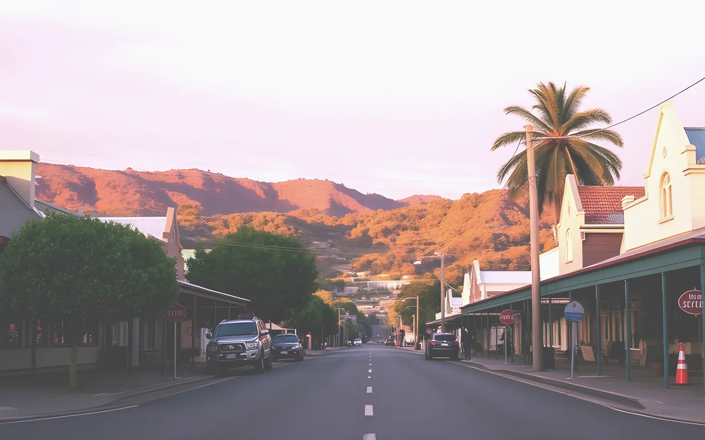 Lismore country town street with lush hinterland hills