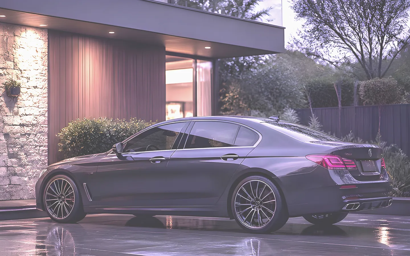 Luxury sedan parked outside a modern home at dusk
