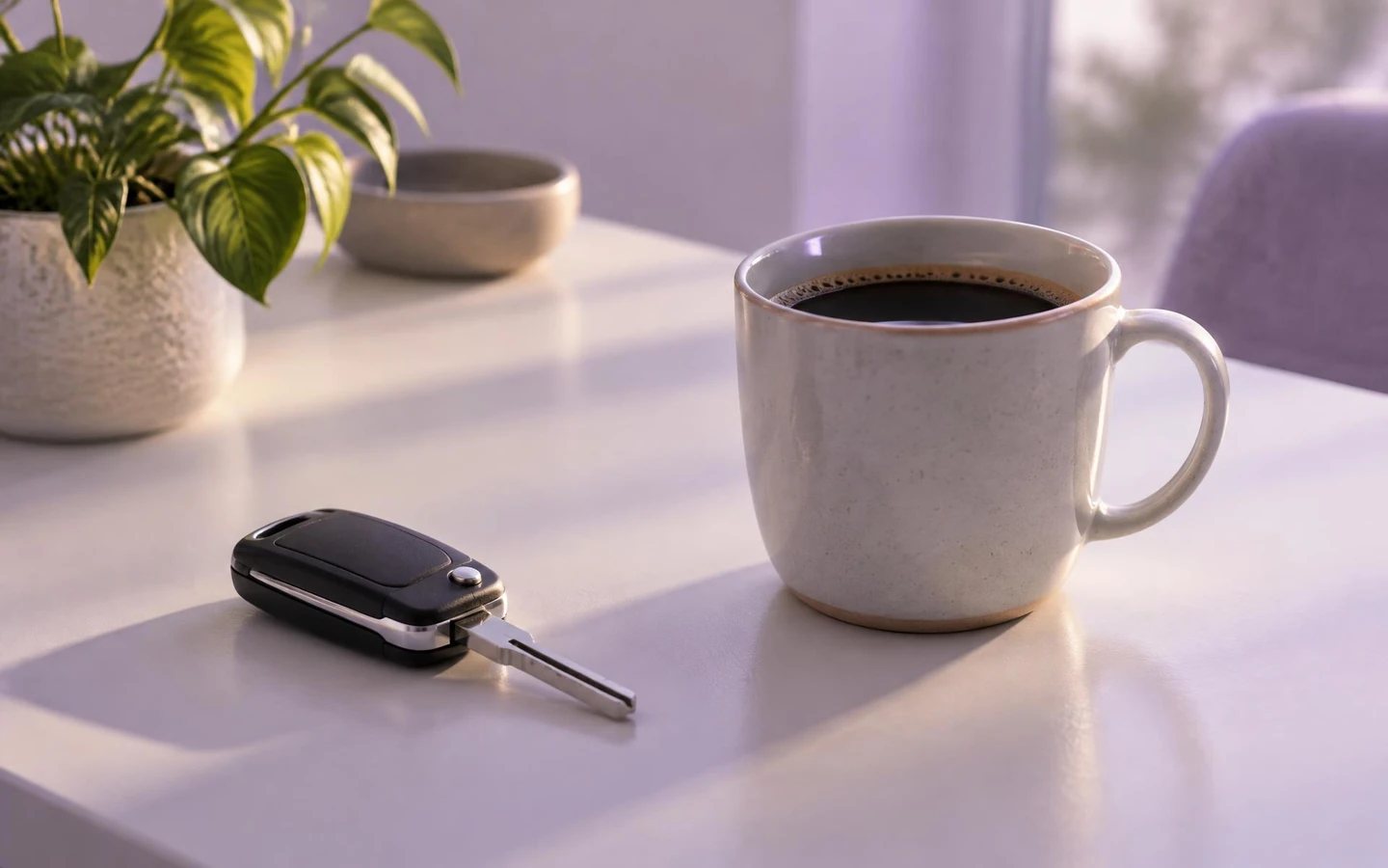 Car key on a calendar page beside a coffee cup