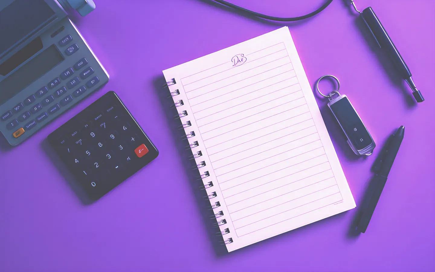 Desk with several calculators, notepad and car keys overhead