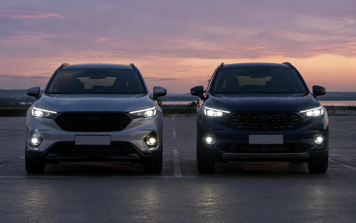 Two cars side by side on a dealership lot being compared