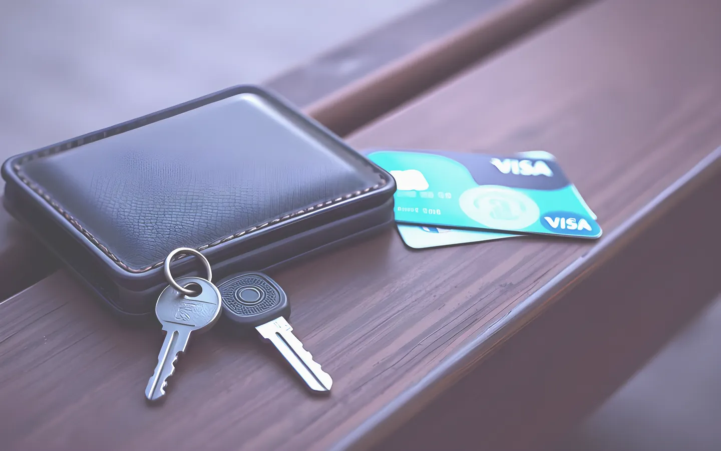Car key beside a wallet and bank card on a bench