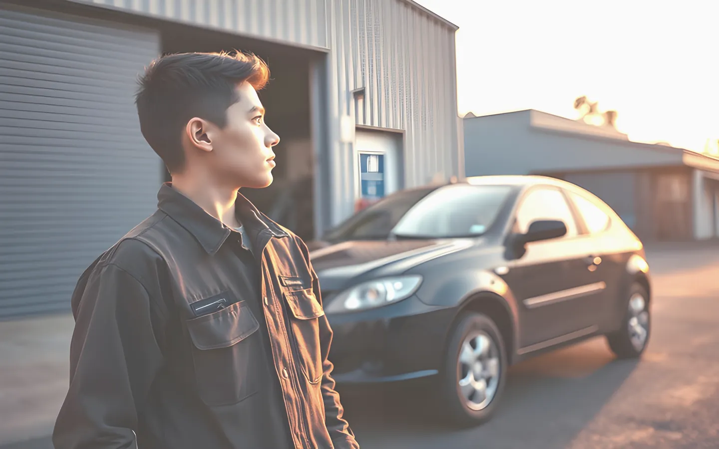 Young apprentice in workwear beside a small car at a workshop