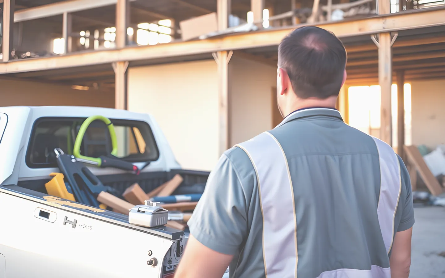 Contractor with tools loading a ute on site