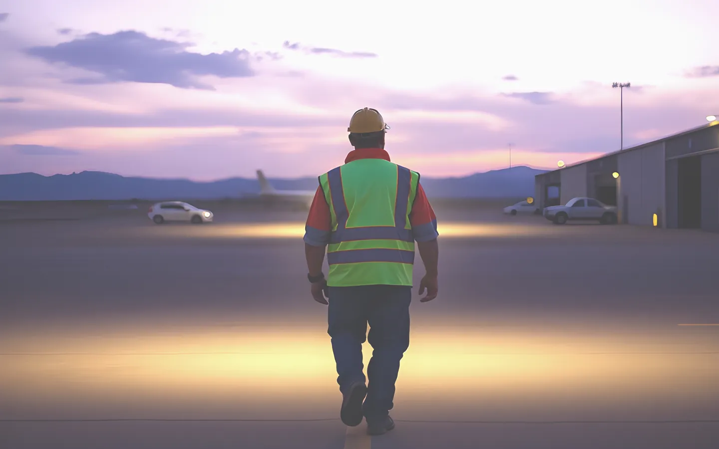 FIFO worker in hi vis at a remote airstrip carpark