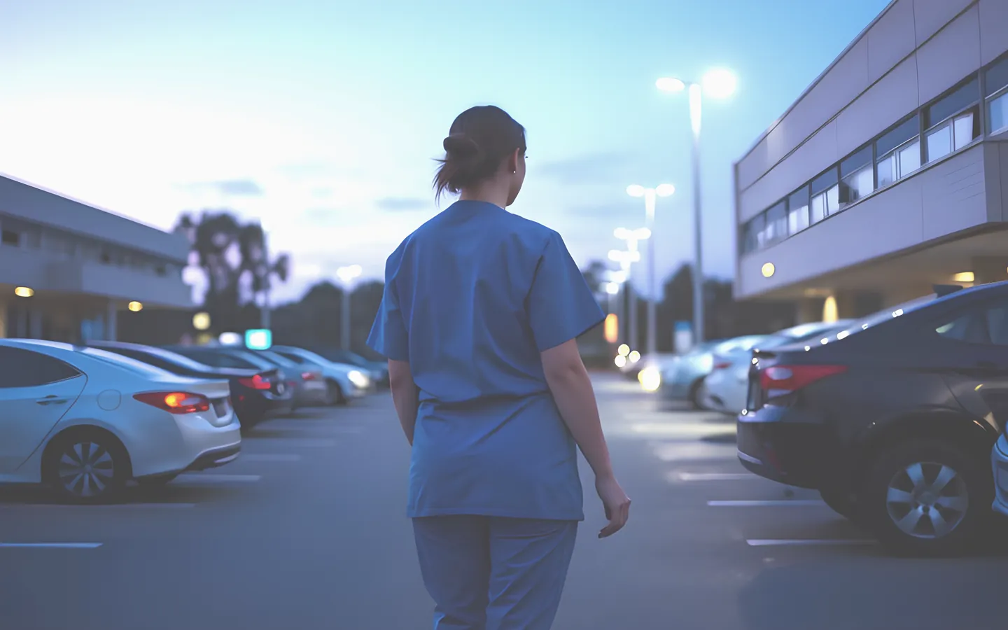 Nurse in scrubs walking to their car outside a hospital at dawn