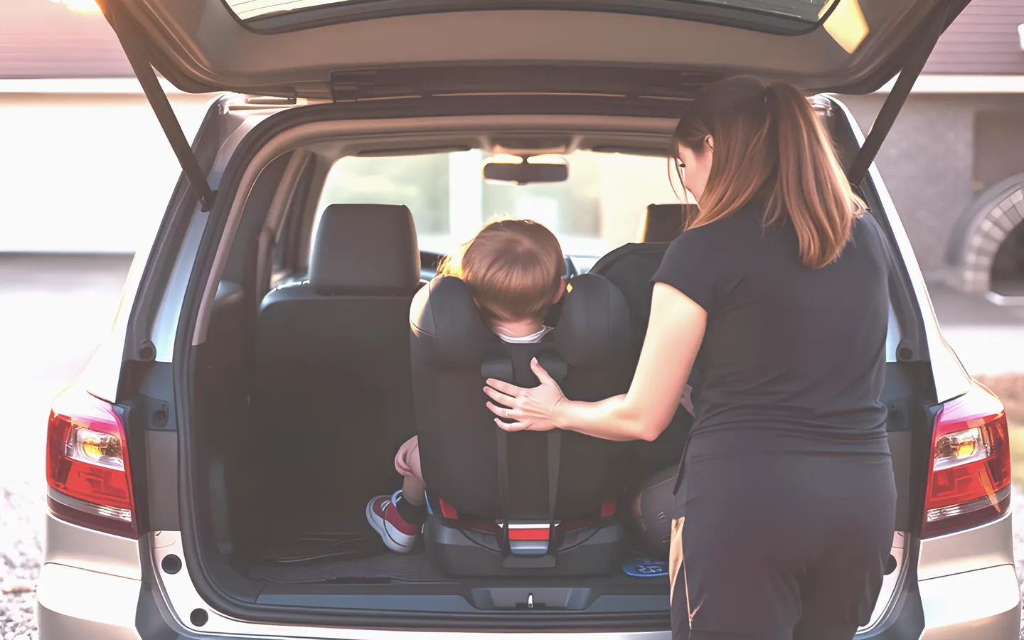 Parent loading a child seat into a family car