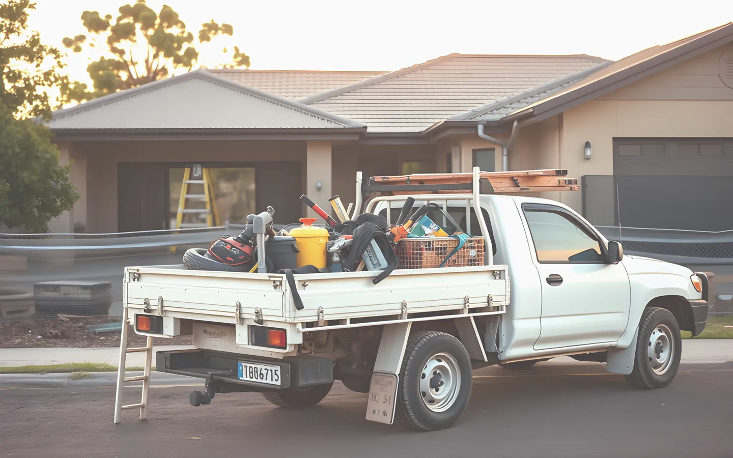 Tradie ute loaded with tools outside a build site