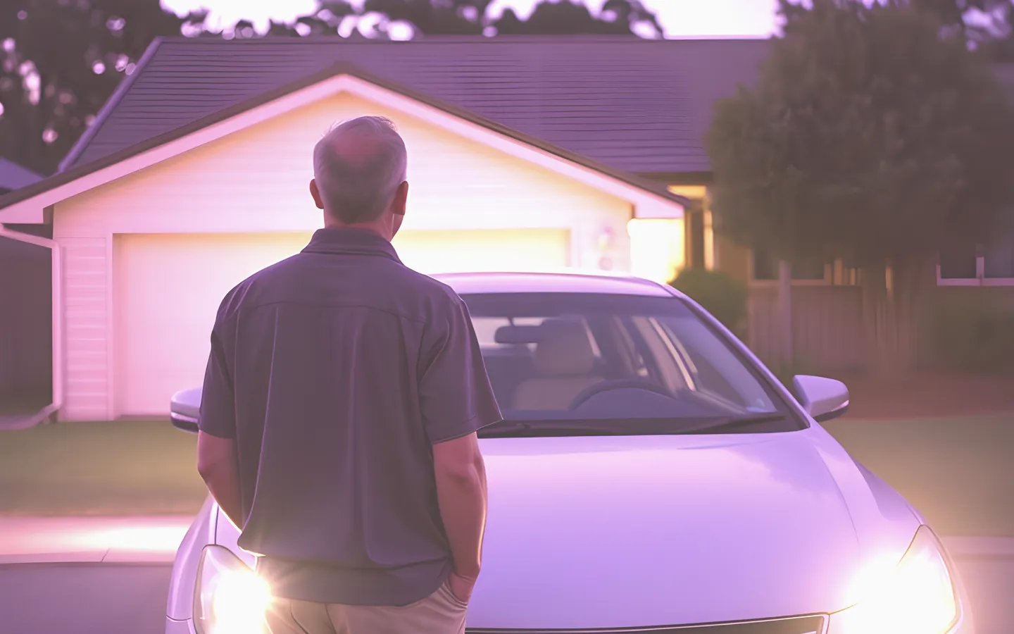 Veteran beside their car outside a suburban home
