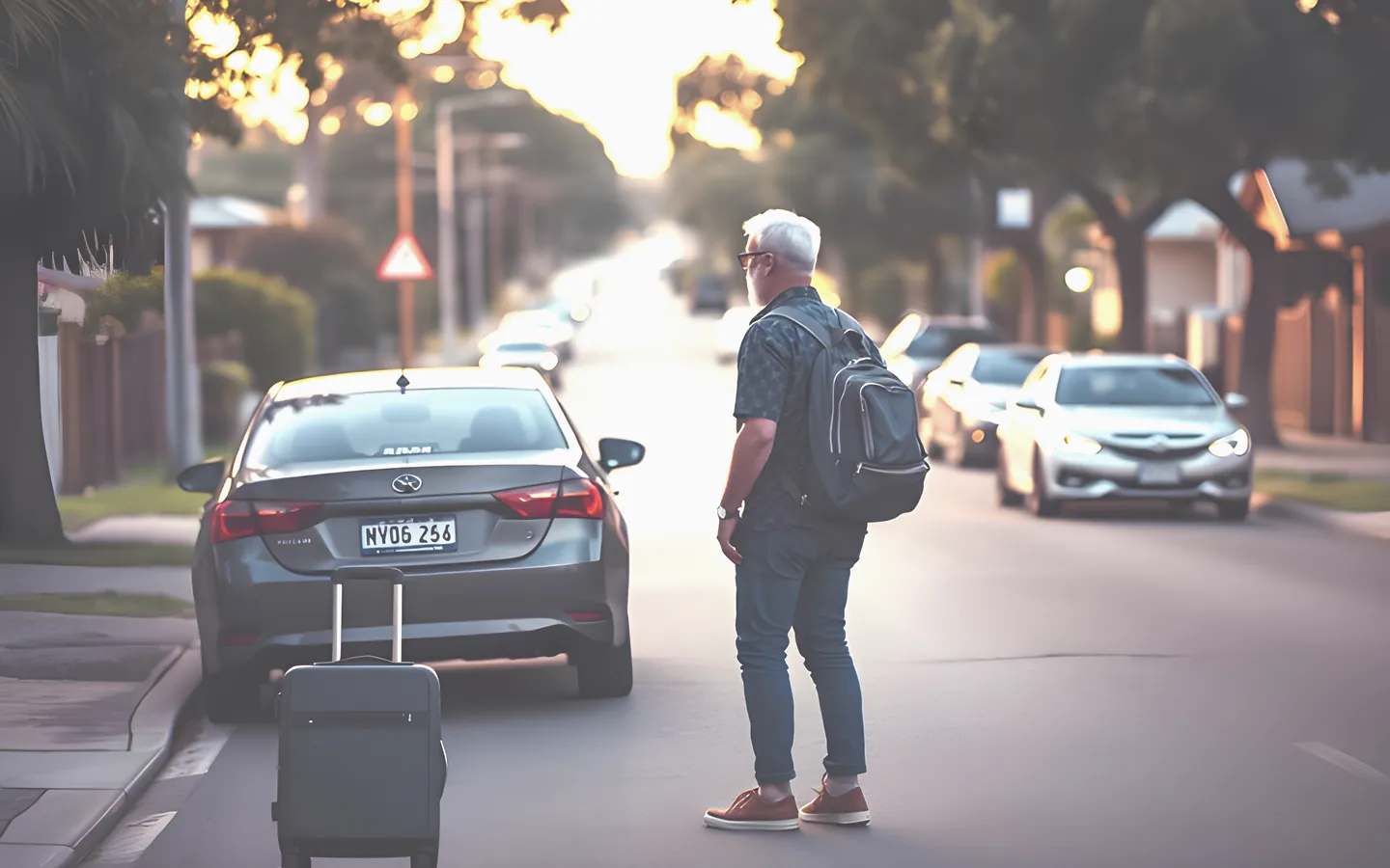 New arrival with luggage beside a car in an Australian street