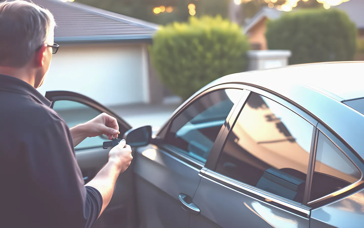 Customer shaking hands beside their new car in a driveway