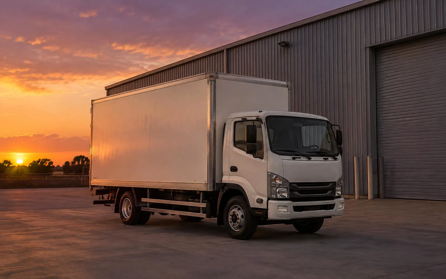 Delivery truck outside a small warehouse with paperwork on the bonnet
