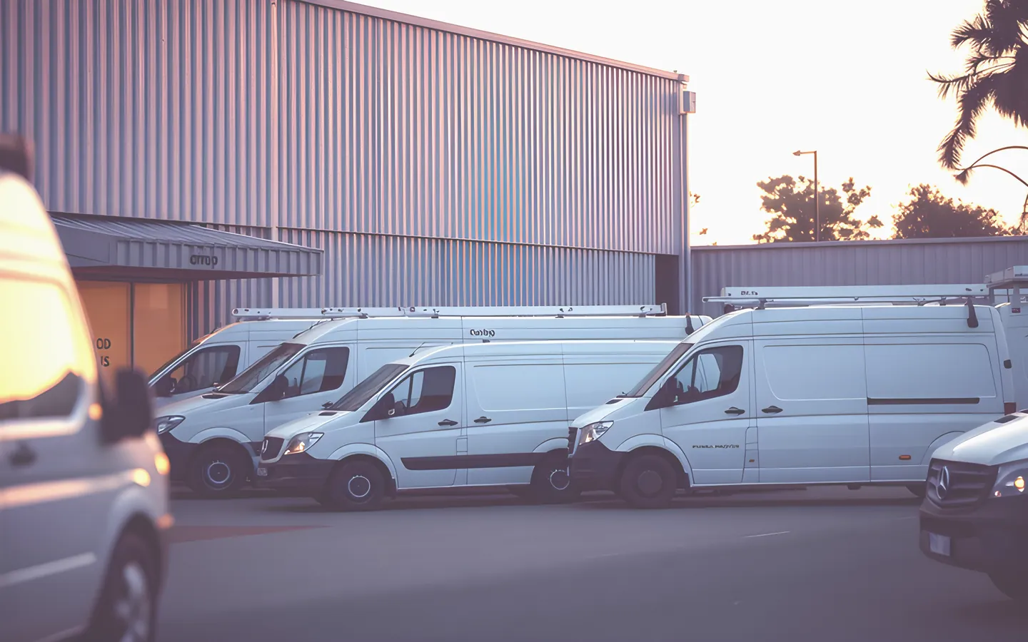 Fleet of work vans lined up outside a commercial premises