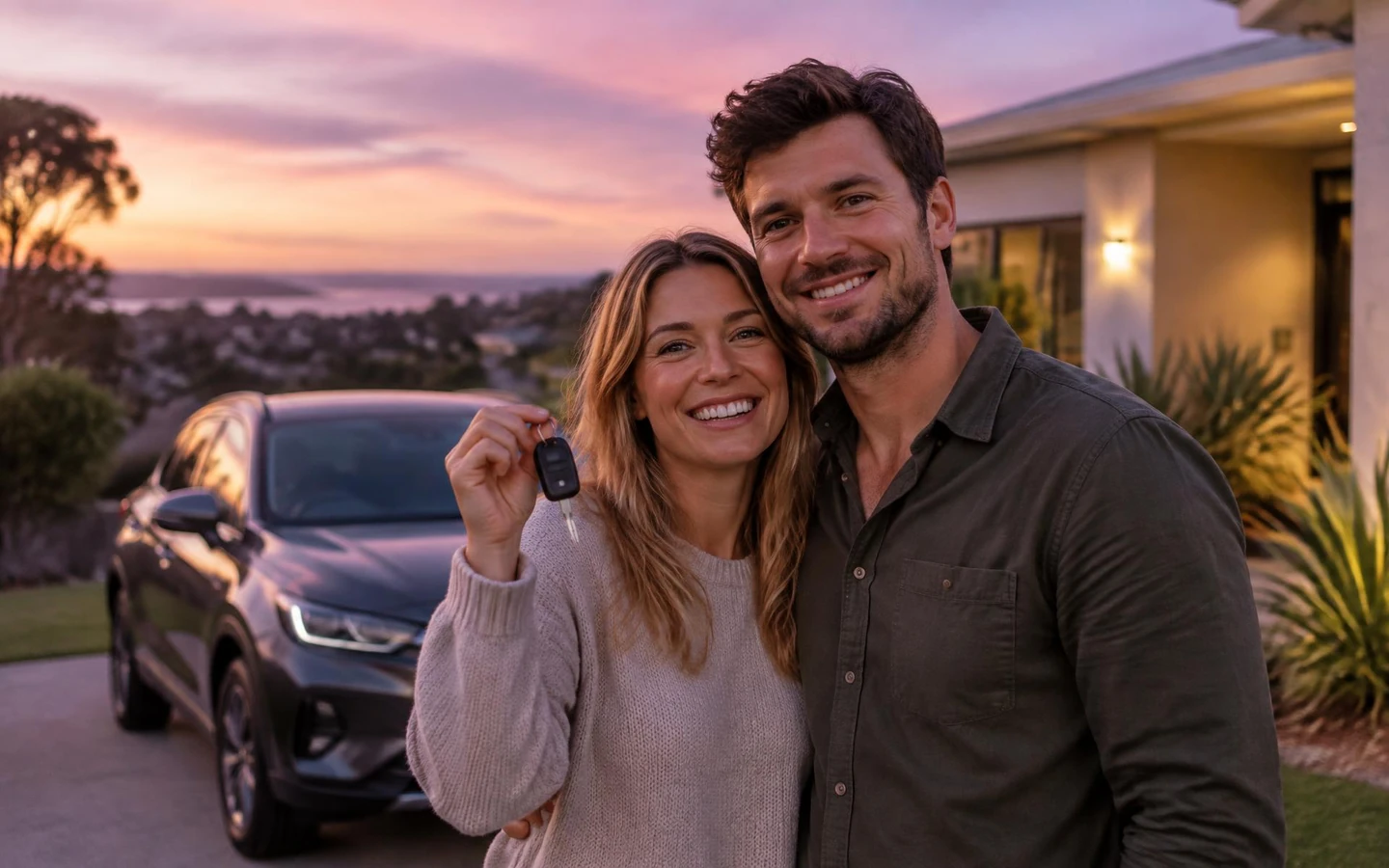Couple collecting the keys to their new car at a dealership
