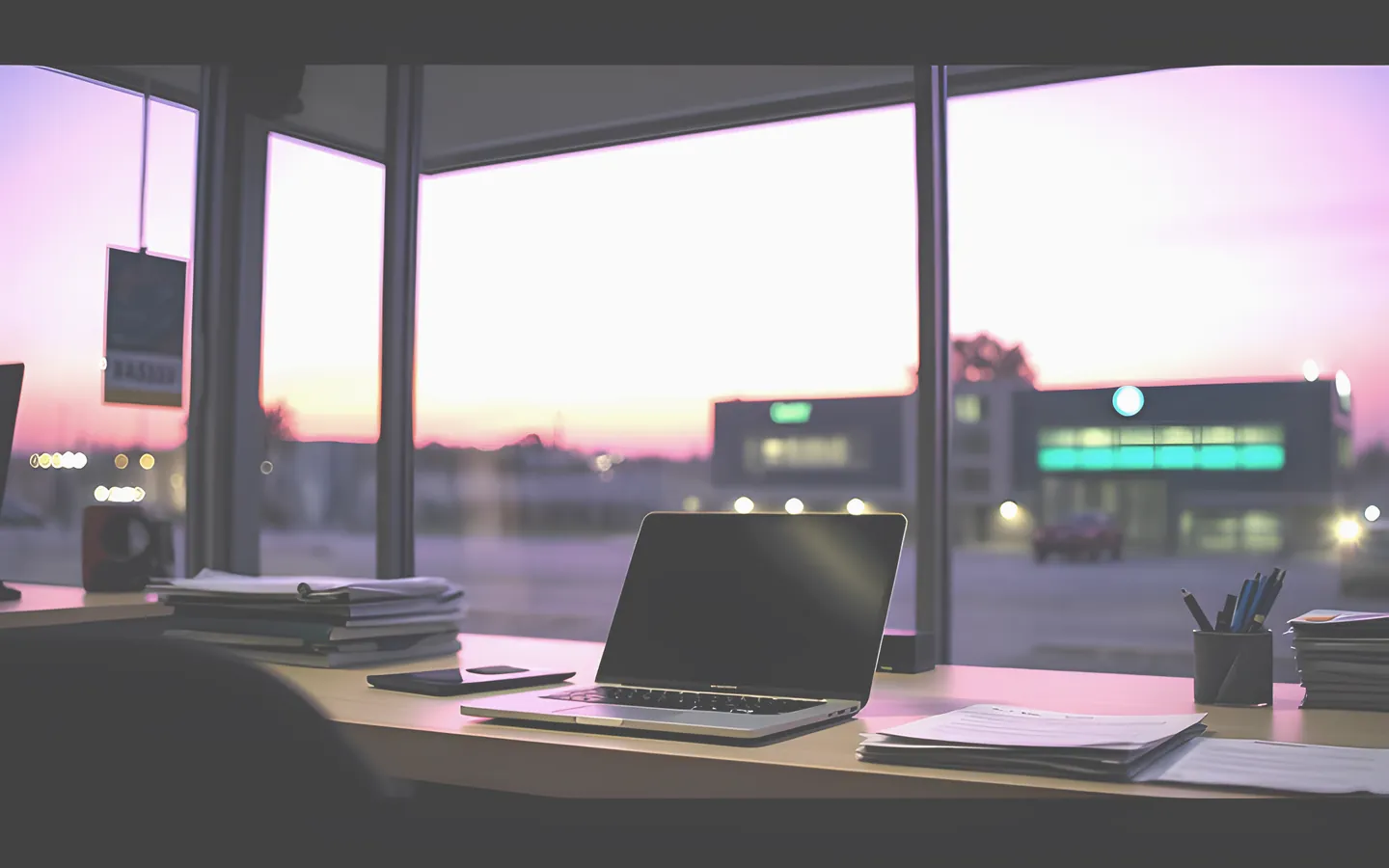 Dealership finance office desk versus a laptop on a kitchen bench