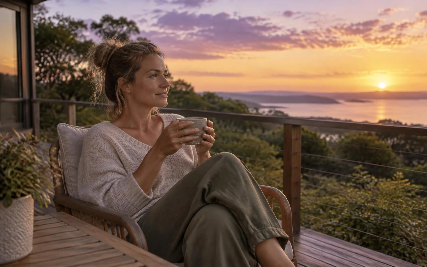 Woman relaxing on a balcony overlooking the coast at sunset