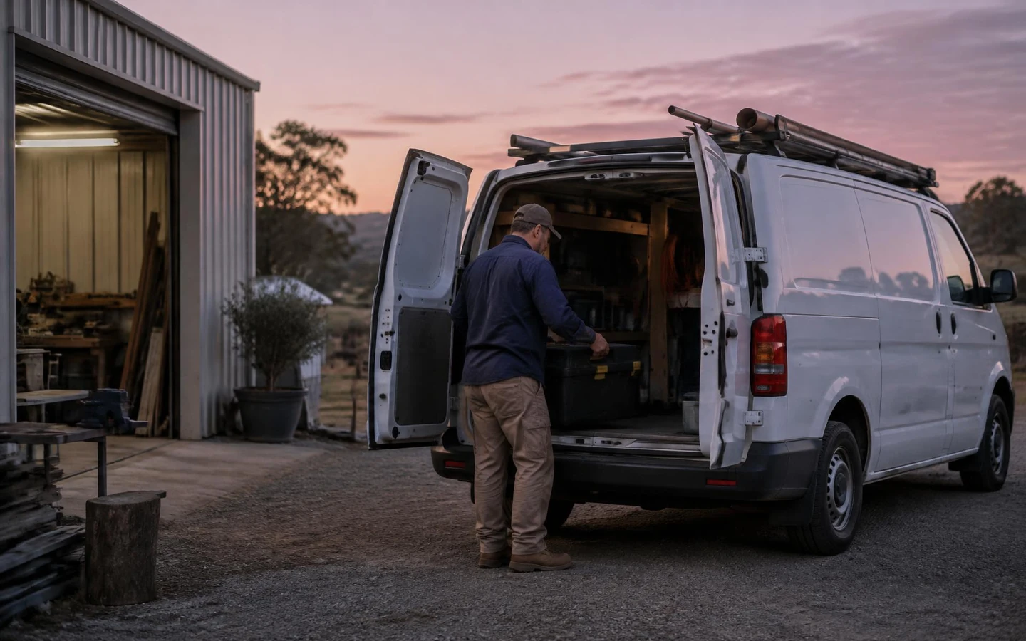 Cafe owner opening up early with delivery van outside