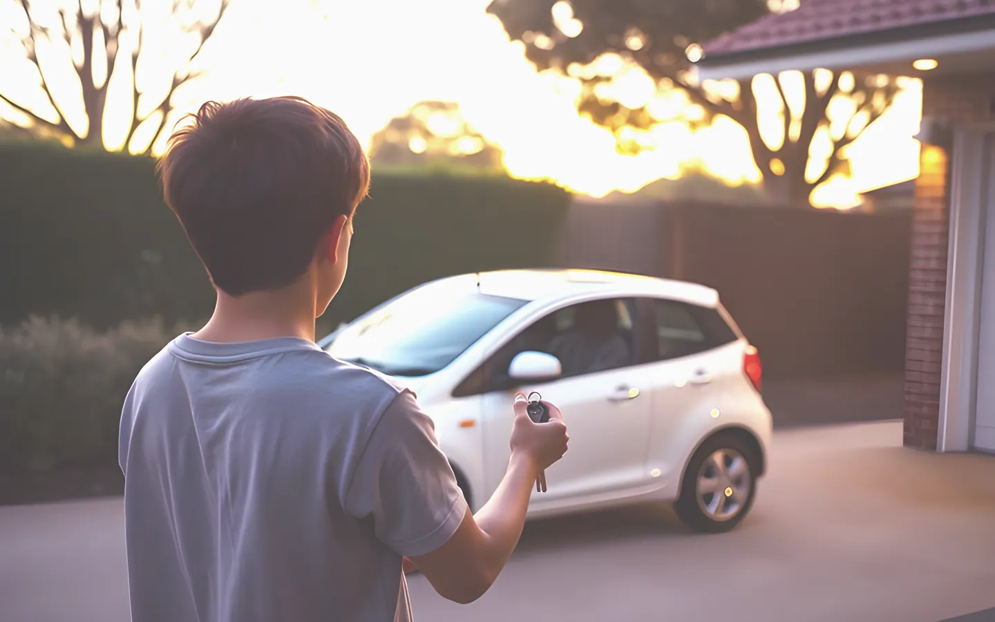 Young Australian driver holding first car keys beside a small car