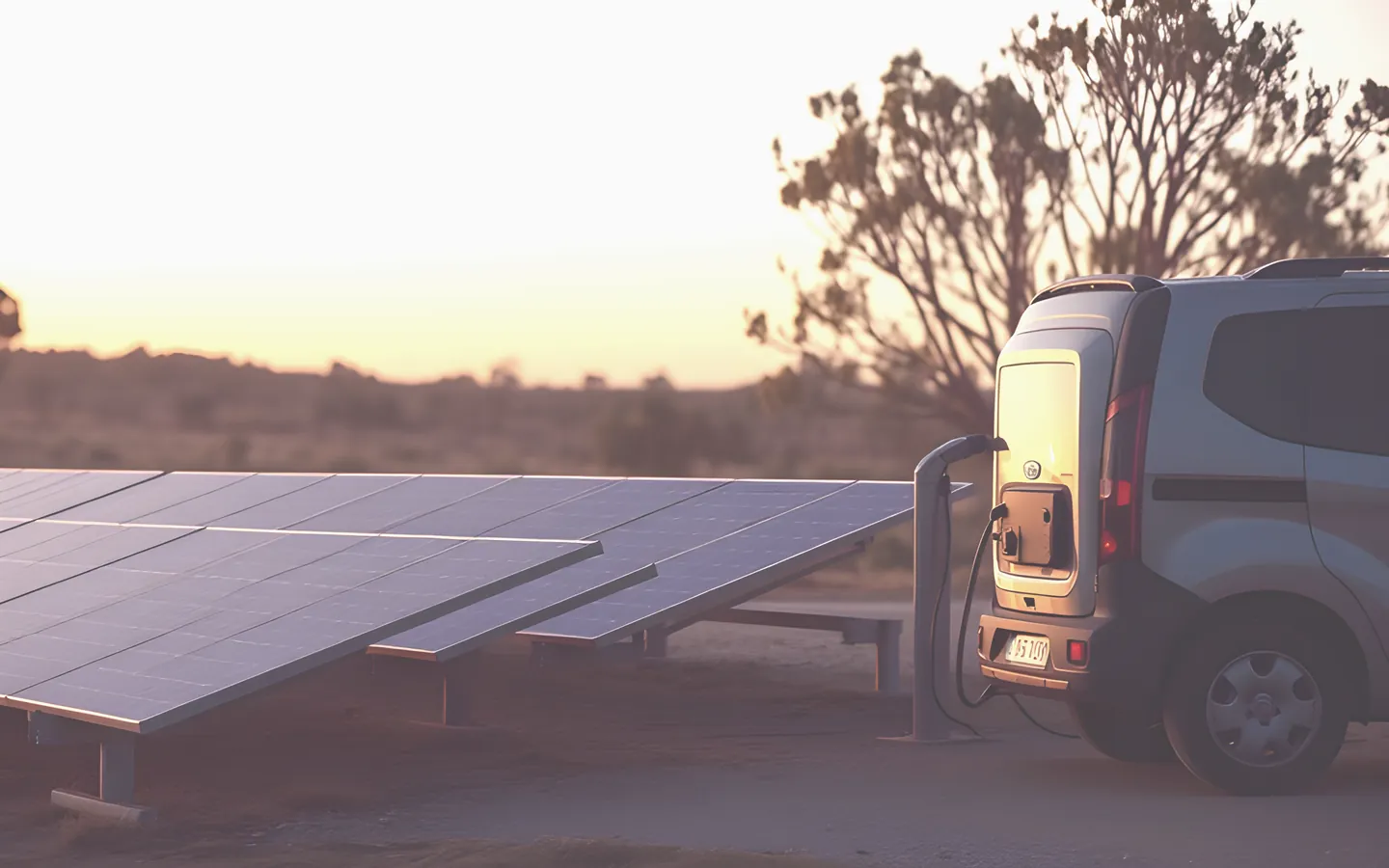 Solar panels and an electric vehicle at a country property