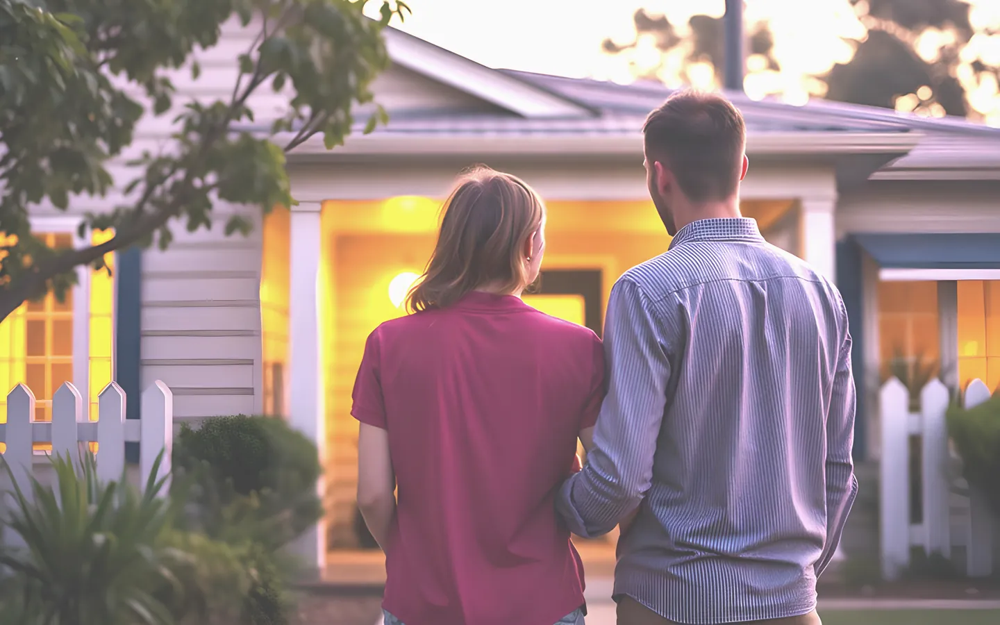 Young couple outside their first Australian home with a sold sign