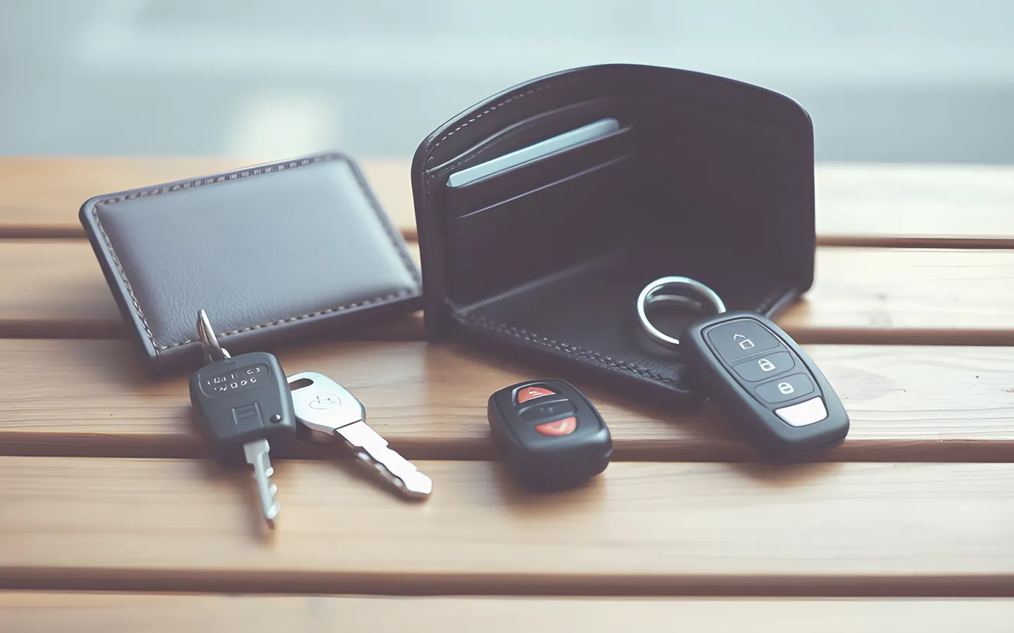 Empty wallet beside a set of new car keys on a bench