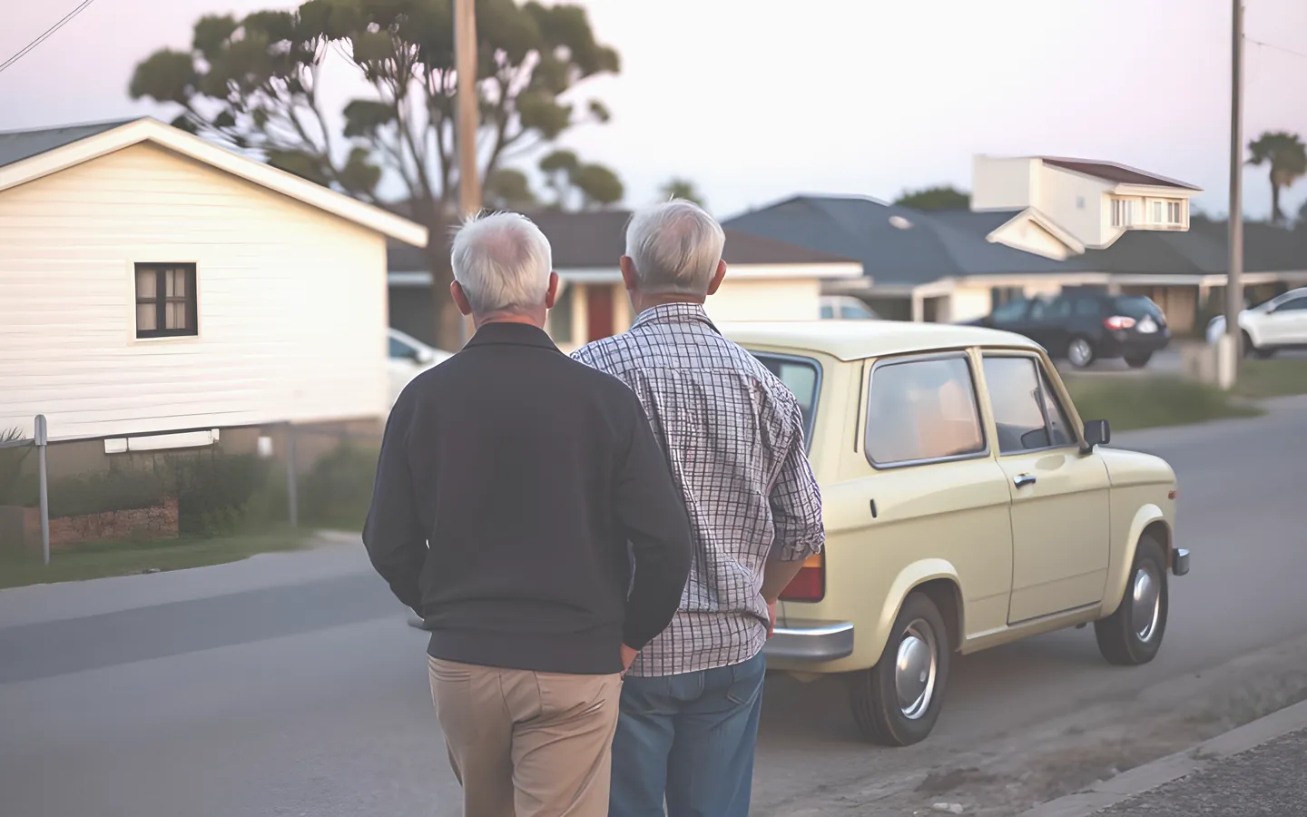 Older Australian couple beside their small car in a coastal town