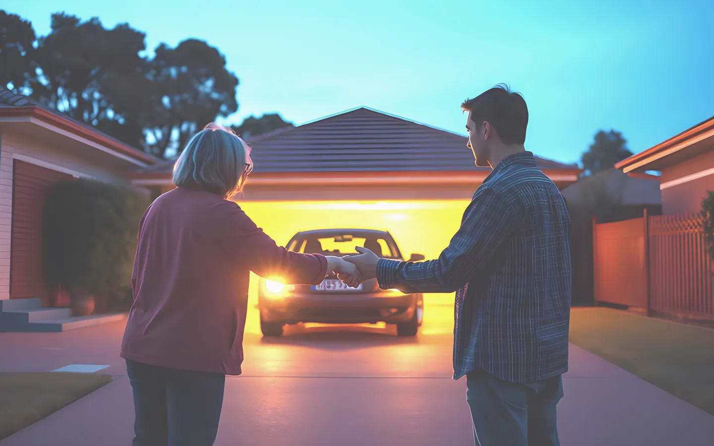 Private car sale handover in a suburban driveway
