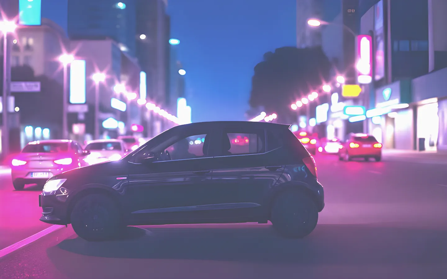 Rideshare driver waiting in a city street at night