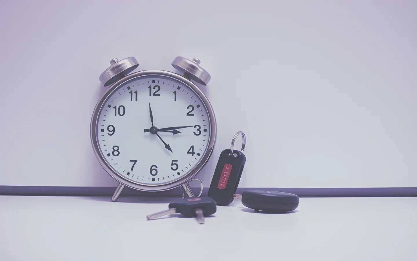 Clock on a wall beside car keys in a bright office
