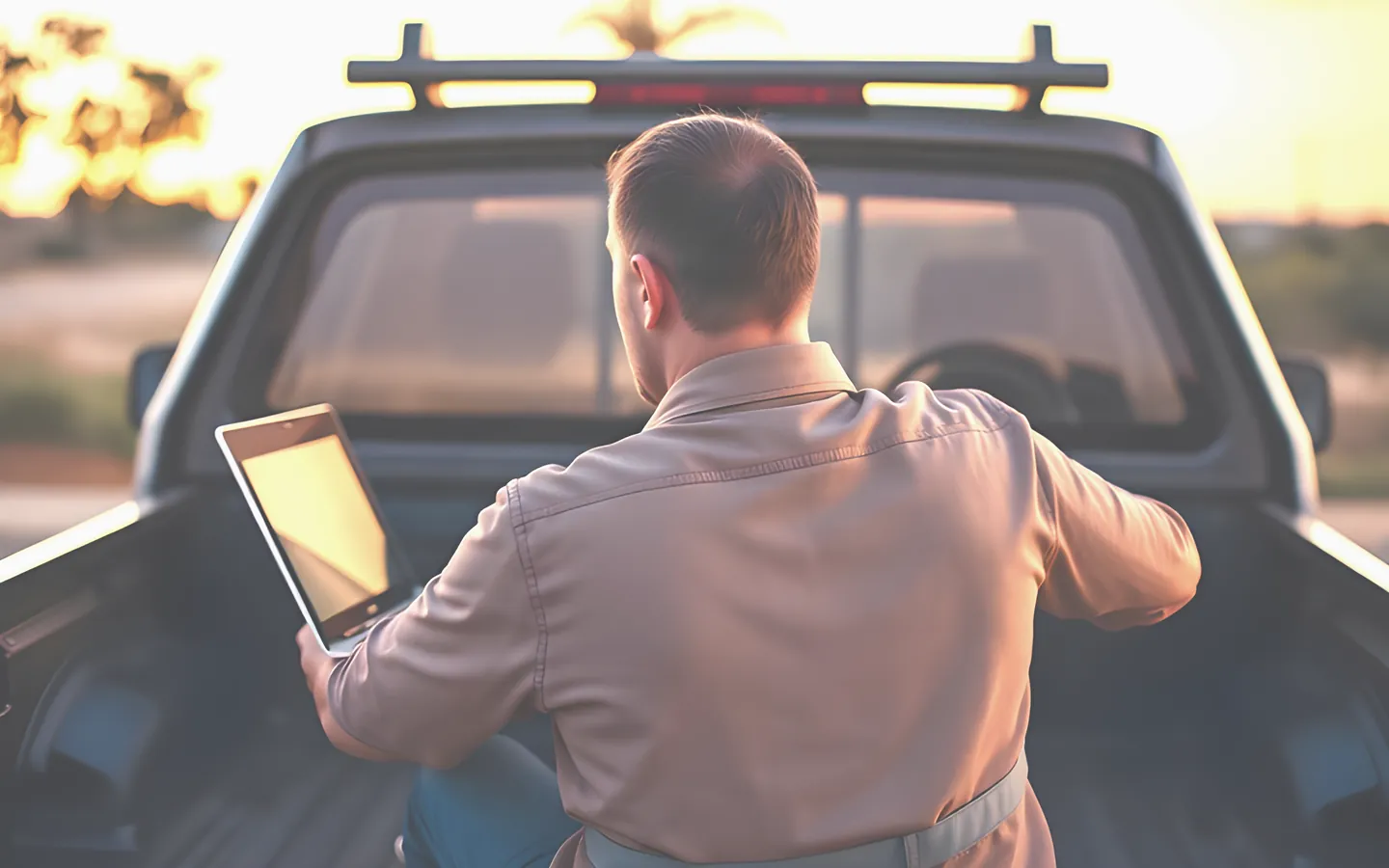 Self employed contractor with laptop on the ute tailgate