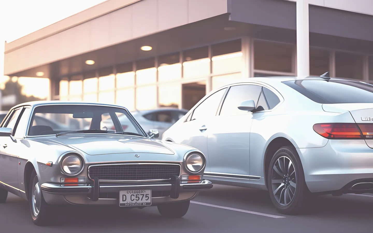 Old car and new car side by side at a dealership