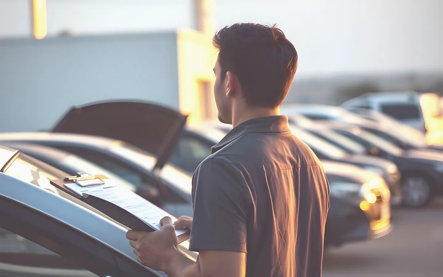 Car buyer inspecting a vehicle with a checklist at a yard