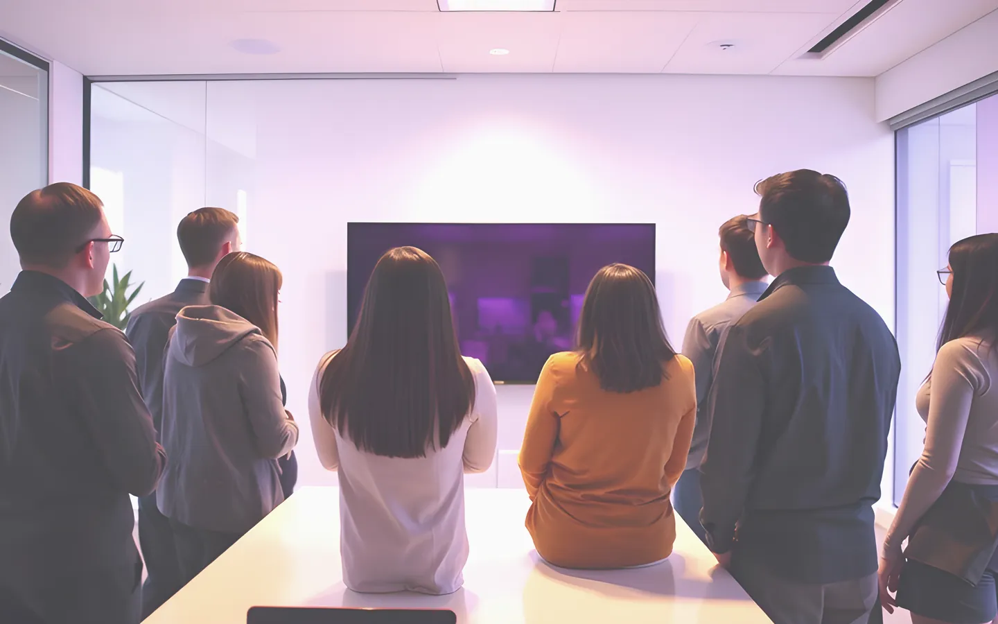 Finance team reviewing lender options on a large screen