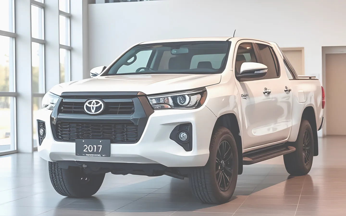 A white Toyota Hilux in a dealership showroom