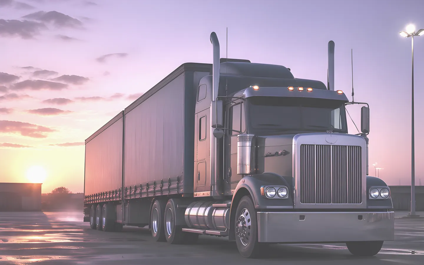 Prime mover and trailer at a depot at sunrise