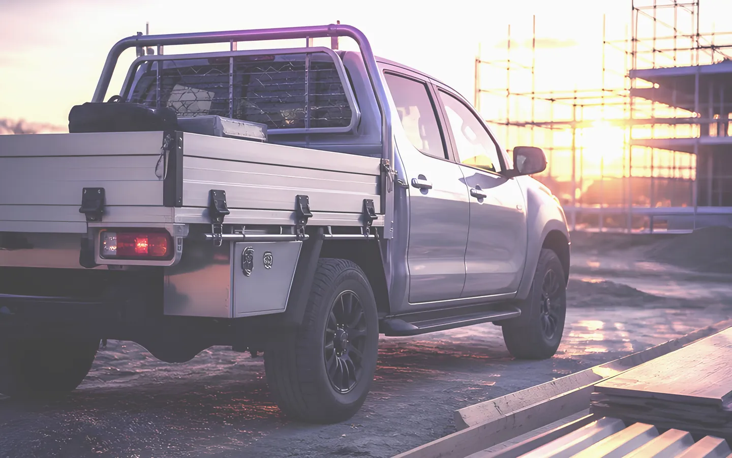 Tradie ute with an aluminium tray on a job site